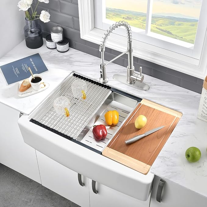 33 Inch White Farmhouse Sink Workstation-VASOYO 33 x 21 Apron Front Farm Sink White Fireclay Farmhouse Kitchen Sinks Workstation Single Bowl Deep Kitchen Sinks Undermount with Cutting Board