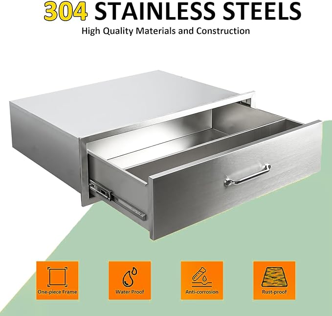 Outdoor Kitchen Drawers, 30" W x 23" D x 10" H Stainless Steel Single Access BBQ Drawer, Flush Mount Enclosed Drawer with Handle for Outdoor Kitchens & BBQ Islands, No Installation Required