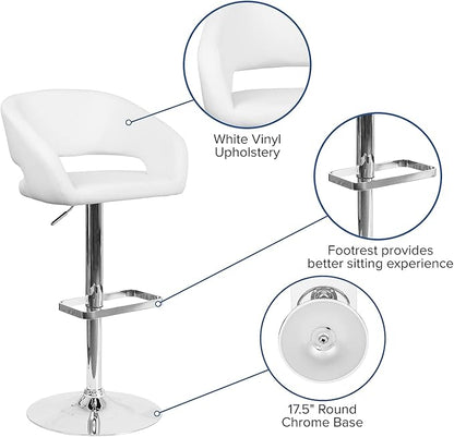 Flash Furniture Erik Contemporary Adjustable Height Barstool with Footrest and Rounded Mid-Back, Upholstered Bar or Counter Height Stool, White/Chrome