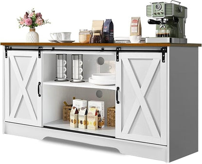 4 EVER WINNER Farmhouse Coffee Bar Cabinet, 59" Buffet Cabinet with Storage & Sliding Barn Doors, Kitchen Storage Cabinet, Coffee Station, Living Dining Room, White