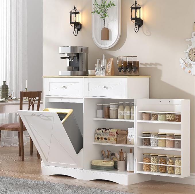 kepptory Tilt Out Trash Can Cabinet for 12 Gallon Trash Can, Modern Kitchen Island Cabinet with Adjustable Shelf and 2 Drawers for Hidden Laundry Basket, Dog Proof Garbage Can, White