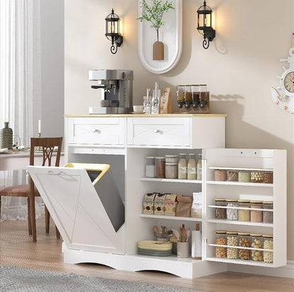 kepptory Tilt Out Trash Can Cabinet for 12 Gallon Trash Can, Modern Kitchen Island Cabinet with Adjustable Shelf and 2 Drawers for Hidden Laundry Basket, Dog Proof Garbage Can, White
