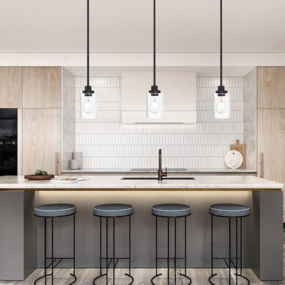 TODOLUZ Black Industrial Pendant Light Fixtures, Kitchen Hanging Lighting with Clear Glass Cylinder Shade for Farmhouse Dining Room Coffee Bar Bedroom