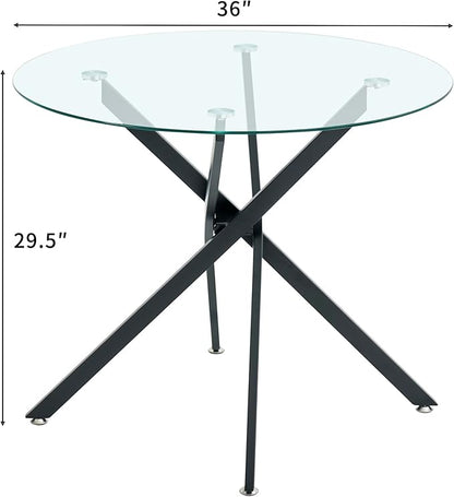 Round Dining Table, 36 Inch Glass Kitchen Table for 4 People, Tempered Glass Dinner Room Table with Silver X Metal Legs, Modern Circle Small Coffee Table for Home Dining Room Kitchen Restaurant
