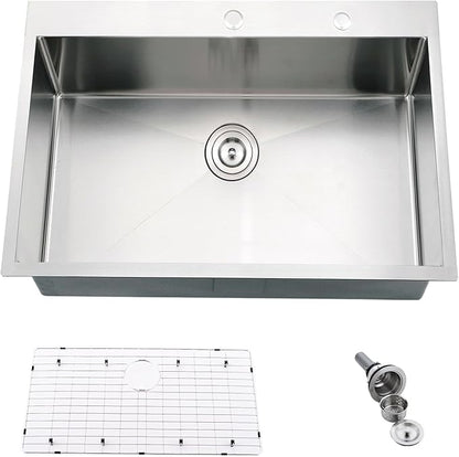 28 Inch Drop in Kitchen Sink, 28" x 19" 16 Gauge Stainless Steel Deep Kitchen Sink Single Bowl Basin with Drain Strainer