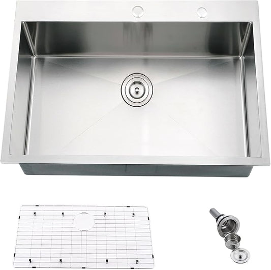28 Inch Drop in Kitchen Sink, 28" x 19" 16 Gauge Stainless Steel Deep Kitchen Sink Single Bowl Basin with Drain Strainer
