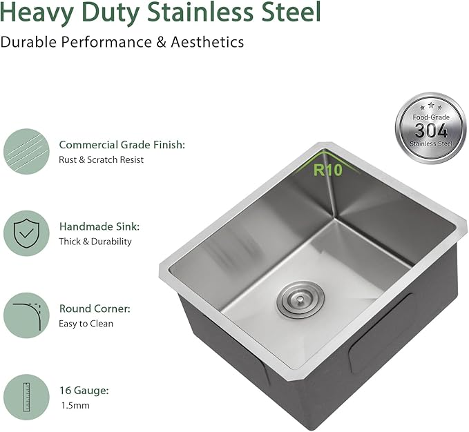 23 Inch Undermount Bar Sink 16 Gauge Stainless Steel Single Bowl RV Sink Small Rectangular Under Counter Kitchen Sink Basin 23"x18"x9"