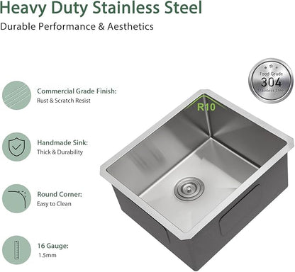 23 Inch Undermount Bar Sink 16 Gauge Stainless Steel Single Bowl RV Sink Small Rectangular Under Counter Kitchen Sink Basin 23"x18"x9"