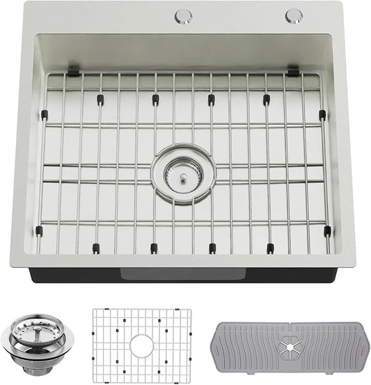 Stainless Steel Kitchen Sink, 25x22x6 Inch Low Height Design Single Bowl Drop In Topmount Kitchen Sink Come With Accessories Ensure Individuals With Limited Mobility Easily Accessing And Using
