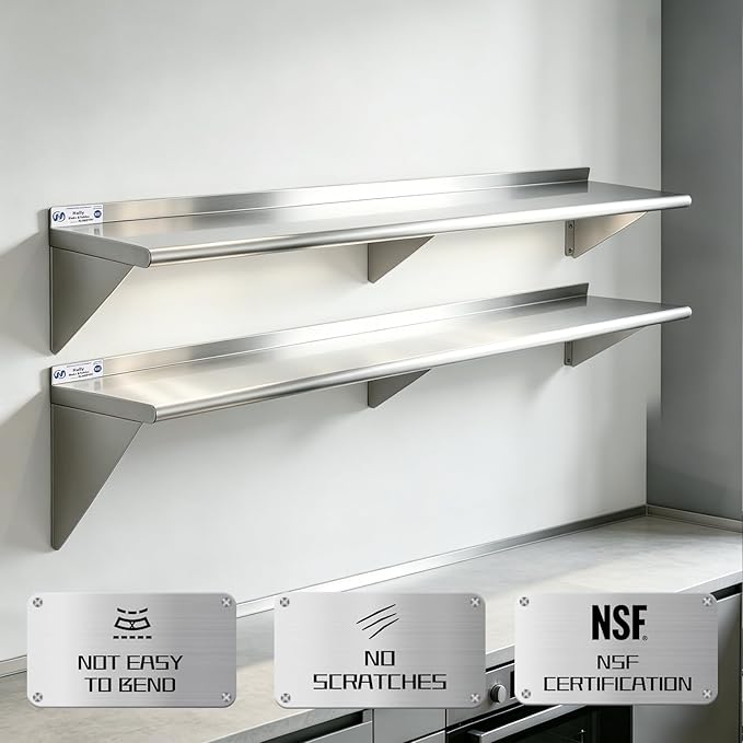 Hally Stainless Steel Shelf Wall Mounted Metal Shelf Wall Shelf 12 x 60 NSF Heavy Duty 315 lb Capacity, Commercial Wall Mounted Storage Rack for Kitchen, Garage, Laundry Room 2 Pack