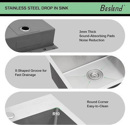 24 Drop In Kitchen Sink - Beslend 24x18 Inch Kitchen Sink Drop In Stainless Steel Sinks Topmount 16 Gauge 9" Deep Single Bowl Above Counter Sinks Dish Basin, Sink Only