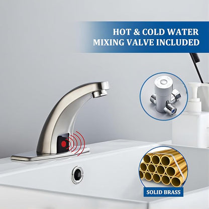Brushed Nickel Touchless Bathroom Sink Faucet, Battery Operated Automatic Motion Sensor Hands Free Commercial Faucets with Hot & Cold Temperature Mixing Valve