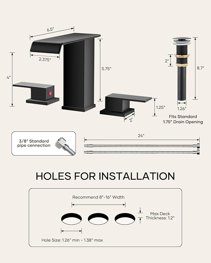 AVSIILE Matte Black Waterfall Bathroom Faucet 3 Hole, 8 Inch Widespread Modern 3 Piece Bathroom Sink Faucet, Touch On Lavatory Faucet for Vanity RV Restroom, Straight Spout