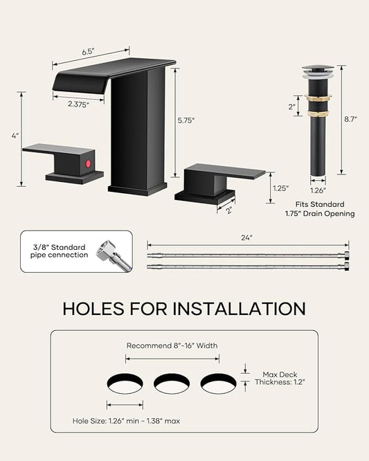 AVSIILE Matte Black Waterfall Bathroom Faucet 3 Hole, 8 Inch Widespread Modern 3 Piece Bathroom Sink Faucet, Touch On Lavatory Faucet for Vanity RV Restroom, Straight Spout