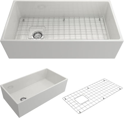 BOCCHI Contempo Farmhouse Apron Front Fireclay 36 in. Single Bowl Kitchen Sink with Protective Bottom Grid and Strainer in White