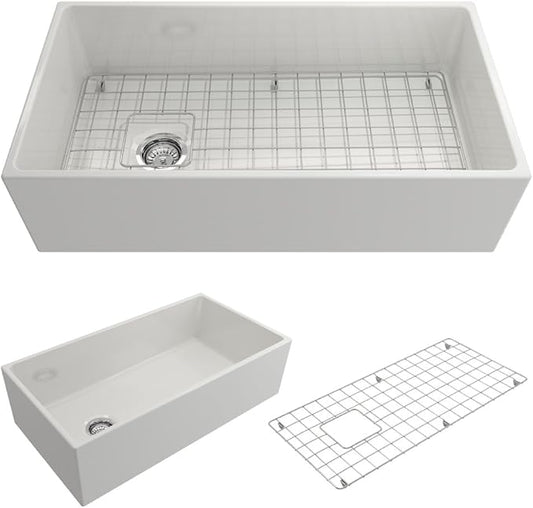 BOCCHI Contempo Farmhouse Apron Front Fireclay 36 in. Single Bowl Kitchen Sink with Protective Bottom Grid and Strainer in White
