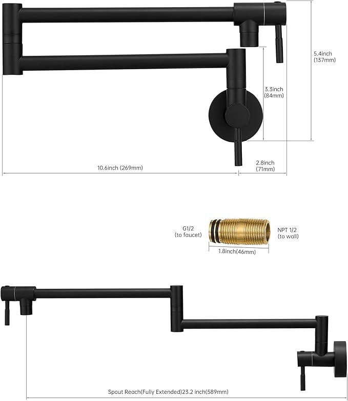 Fransiton Matte Black Pot Filler, Pot Filler Faucet Wall Mount, Brass Folding Stretchable with Double Joint Swing Arm Single Hole Two Handles Kitchen Restaurant