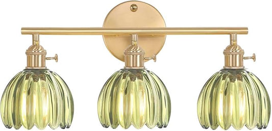 Shenmoyl Bathroom Light Fixtures, 3-Light Brass Vanity wall Light Over Mirror with Green Tulip Glass Shade for Bedroom Living Room (Bulb Not Included)