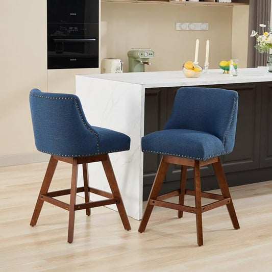 Comfortable Upholstered Swivel Bar Stool with Wooden Legs and Soft Fabric Seat for Kitchen Island or Home Bar Use (Blue + Wood+Fabric + Foam)
