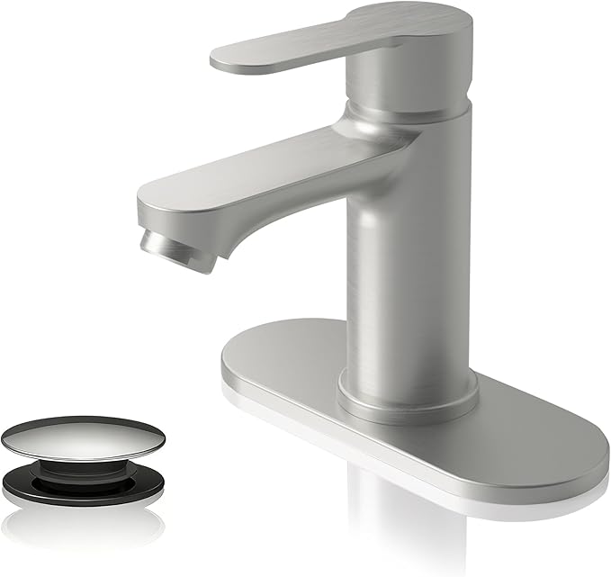 BELZ Bathroom Faucet, Single Handle Matte Black Sink Faucet for 1 or 3 Hole Installation, Modern Lead-Free Metal Vanity Faucet with Pop-Up Drain & Supply Hoses (Brushed Nickel)