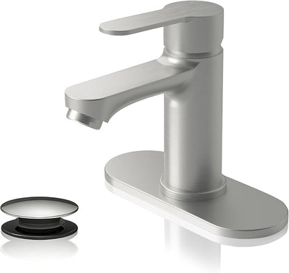 BELZ Bathroom Faucet, Single Handle Matte Black Sink Faucet for 1 or 3 Hole Installation, Modern Lead-Free Metal Vanity Faucet with Pop-Up Drain & Supply Hoses (Brushed Nickel)
