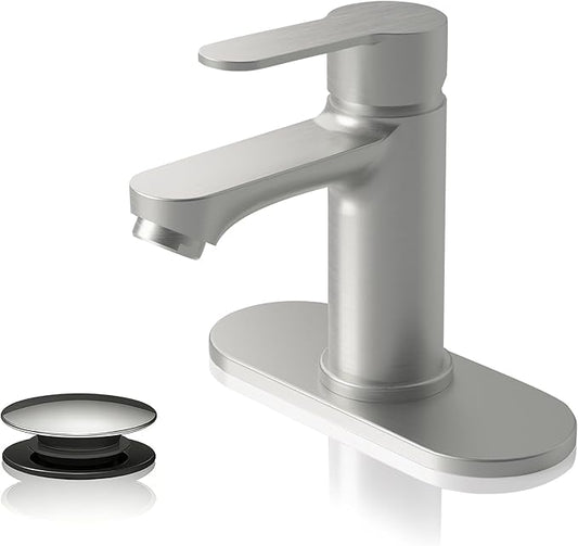 BELZ Bathroom Faucet, Single Handle Matte Black Sink Faucet for 1 or 3 Hole Installation, Modern Lead-Free Metal Vanity Faucet with Pop-Up Drain & Supply Hoses (Brushed Nickel)