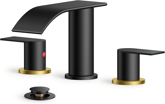 FORIOUS Bathroom Faucets, Waterfall Bathroom Sink Faucet with Metal Pop up Drain and cUPC Hose for Basin, Vanity, RV, Pedestal 2 or 3 Hole Sink, 8 Inch Widespread, Black and Gold