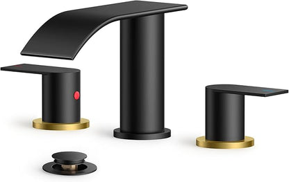 FORIOUS Bathroom Faucets, Waterfall Bathroom Sink Faucet with Metal Pop up Drain and cUPC Hose for Basin, Vanity, RV, Pedestal 2 or 3 Hole Sink, 8 Inch Widespread, Black and Gold