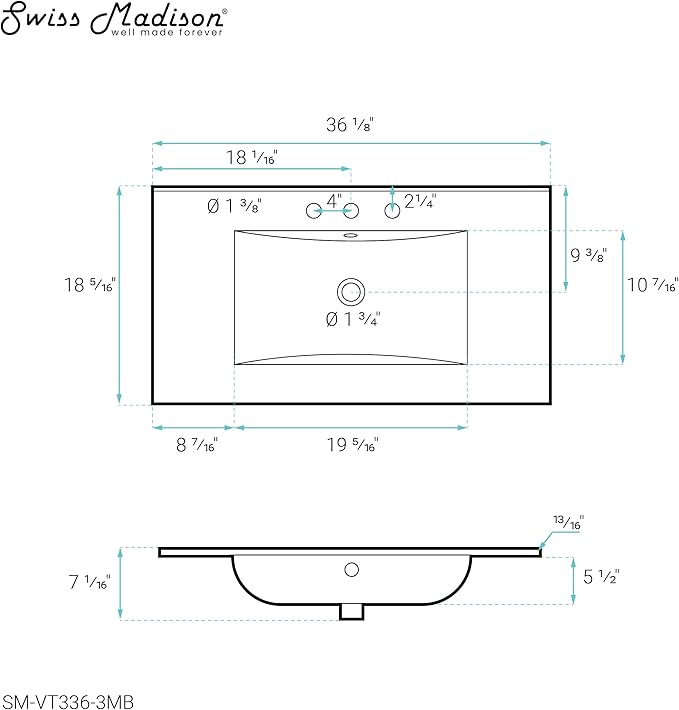 36" Ceramic Vanity Top with Three Faucet Holes in Matte Black