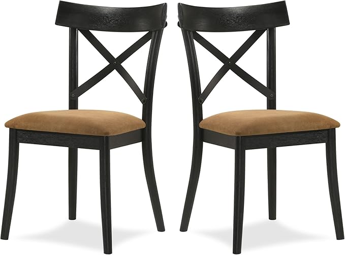 JUSTONE Dining Chairs Set of 2, Cross Back Side Chairs with Hillary Brown Leather Seats, Modern Wooden Kitchen Chairs, Walnut Black Finish for Dining Room, Kitchen, Home Cafe, Bar