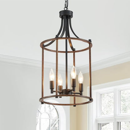 XINGQI Farmhouse Chandeliers for Dining Room,4 Light Hanging Lantern Black Wood Finish Pendant Lighting Fixture for Staircase Foyer Kitchen Island Dinning Room Living Room