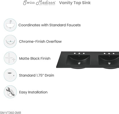 60 inch Vanity Top Bathroom Sink in Matte Black with 3 Holes