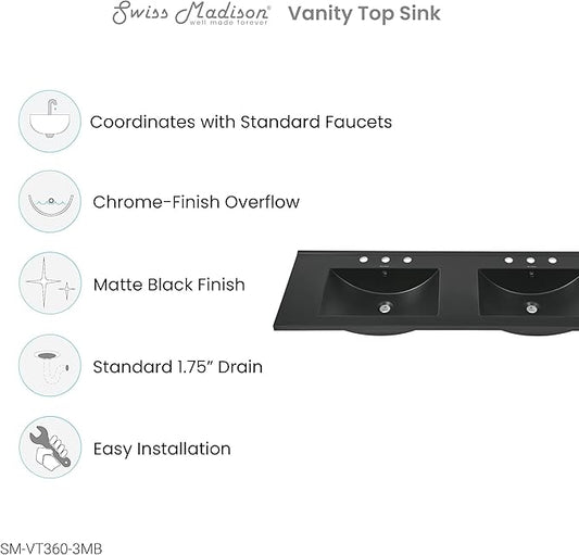 60 inch Vanity Top Bathroom Sink in Matte Black with 3 Holes