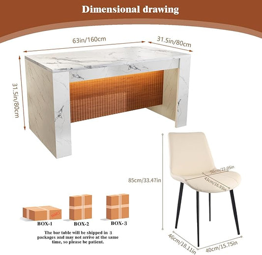 Faux Imitation Dining Table with 4 Velvet Dining Chairs Set, Marble Stripes Kitchen Island Table with Grille Design for 4-6, Luxury Island with LED Lights for Home Kitchen. (White)