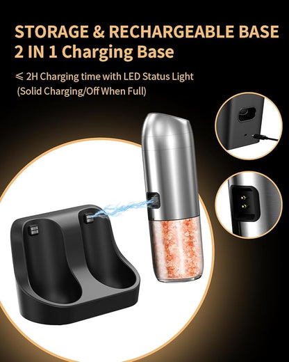 Gravity Electric Salt and Pepper Grinder Set with Rechargeable Base, 2-Speed Grinding Control Stainless Steel Pepper Mill Set with Adjustable Coarseness, LED Light & 176ml Large Capacity