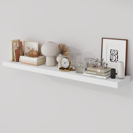 Acovy 48 Inch Floating Shelves, 9.3" Deep Floating Shelf Wall Mounted, 48" Wall Shelves, Rustic Deep Bookshelf, Large Display Shelves & Storage Shelves for Bedroom, Living Room, White, Set of 1