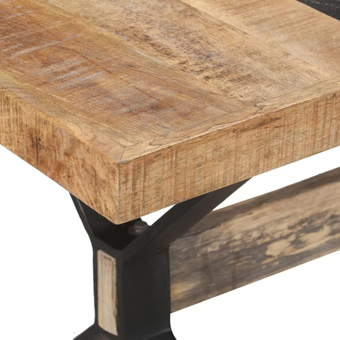 Industrial Narrow Rectangular Dining Table Solid Mango Wood Brown Rough Finish Seats 4 Modern Design Powder Coated Black Legs for Dining Room Kitchen Use