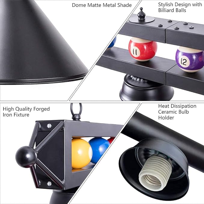 Wellmet 4 Lights Pool Table Light, 70inch Billiard Lighting Fixture with Lamp Shades for Pool Billiard Table, Industrial Hanging Pendant Light Chandelier for Game Room, Kitchen, Dining Room