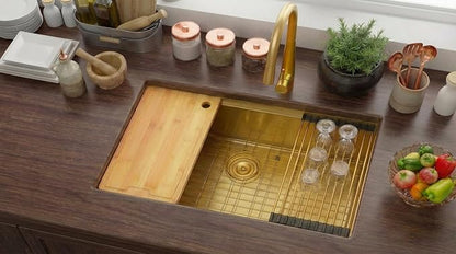 LQS Gold Kitchen Sink, 32 Inch Gold Undermount Kitchen Sink, 32” x 19" Stainless Steel 16 Gauge Kitchen Sinks with Pratical Accessories For Luxury Kitchens, Round Corner and X Drain Line