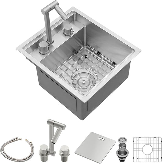 Sarlai Outdoor Sink, 15x17 Inch Undermount Kitchen Sink Workstation with Foldable Faucet Bar Prep Single Bowl Kitchen Sinks 16 Gauge Stainless Steel Sinks with Cover,BBQ Sink Outside