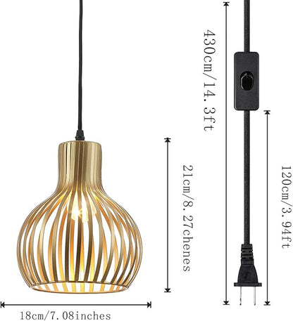 Plug in Pendant Hanging Light,Industrial Gold Metal Vintage Hanging Lamp Fixture with 14.3 FT Cord and ON/Off Switch for Kitchen Lighting,Bedroom,Living Room