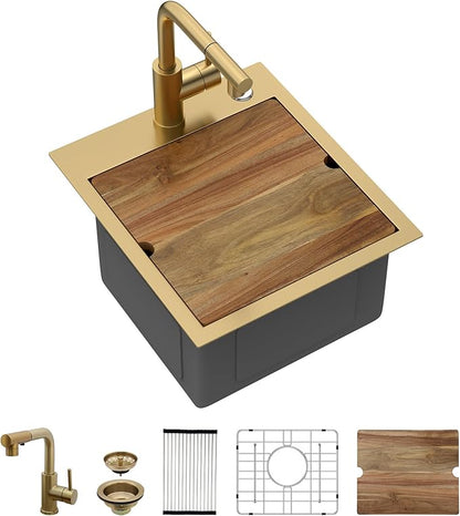 Gold Bar Sink With Faucet Drop In Bar Sinks 15x17 Inch Stainless Steel Indoor Outdoor Kitchen Workstation16 Gauge Single Bowl Small Sinks With Pull-out Faucet 15"x17"x9"