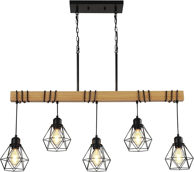 38" Farmhouse Kitchen Light Fixture, Black Hanging Kitchen Chandelier, 5-Light Rustic Dining Room Light Adjustable Height with Wood and Metal Frame, Suit for Farmhouse, Industrial Style