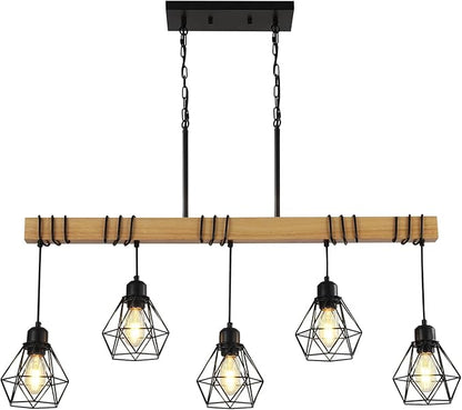 38" Farmhouse Kitchen Light Fixture, Black Hanging Kitchen Chandelier, 5-Light Rustic Dining Room Light Adjustable Height with Wood and Metal Frame, Suit for Farmhouse, Industrial Style