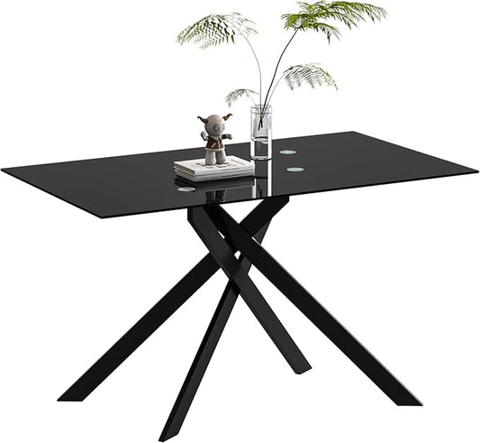 Glass Dining Table for 4 People, 51.2 Inches Rectangular Glass Kitchen Table with Black Steel Legs, Modern Dining Room Table for Dinner Kitchen Dining Room,All Black