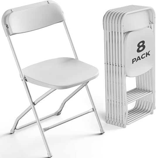 8 Pack White Plastic Folding Chairs, Outdoor Portable Folding Chair with Steel Frame, 350lbs Capacity Stackable Foldable Chairs for Patio, Garden, Picnic, Kitchen, Events
