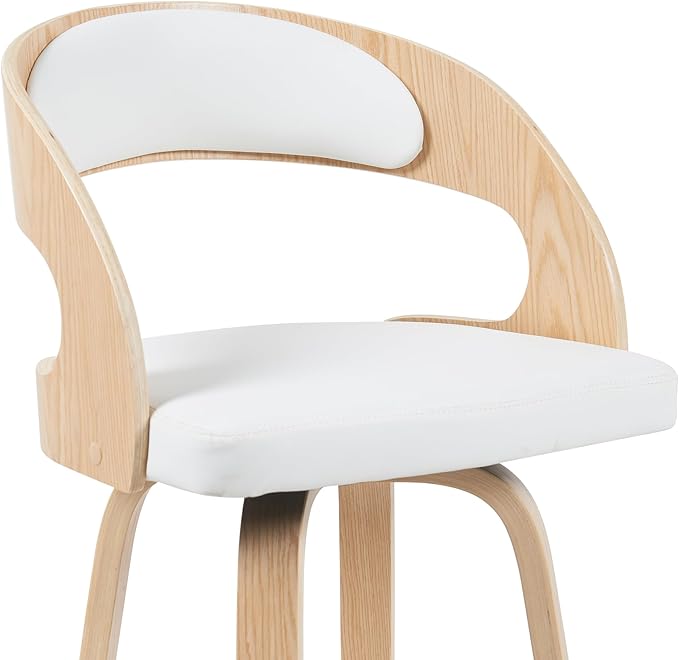 Shelly Modern Bar Height Swivel Stool in Patterned Oak Finish with White Faux Leather Upholstered Seat Set of 2