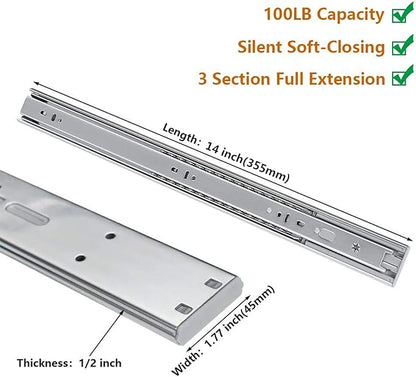 LONTAN 2 Pairs 14 Inch Soft Close Drawer Slides Heavy Duty Ball Bearing Dresser Drawer Glides 12.4" Extension Cabinet Rails 100 LB Capacity