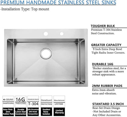 SHACO 33x22 Inch Drop In Kitchen Sink, 33 Inch Stainless Steel Top mount Single Bowl Commercial Sink, 16 Gauge Handmade Kitchen Sink with Strainer Drain
