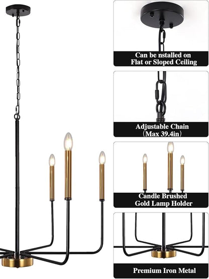 ETONIMERR Modern Farmhouse Chandelier Light Fixture Ceiling Hanging, 6-Light Black and Gold Industrial Chandelier for Dining Room, Rustic Candle Pendant Light for Kitchen Island, Living Room
